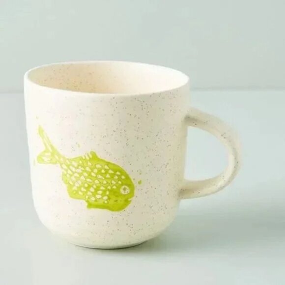 Anthropologie Set of 4 Ivory Beige Speckled Green Tetra Fish Ceramic Mugs - Picture 3 of 7